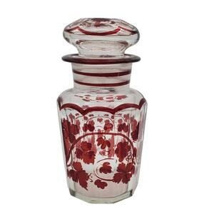 Antique Glass Panel Apothecary Jar Ruby Red Flash Grape Vine Leaf Clear Dome Lid
